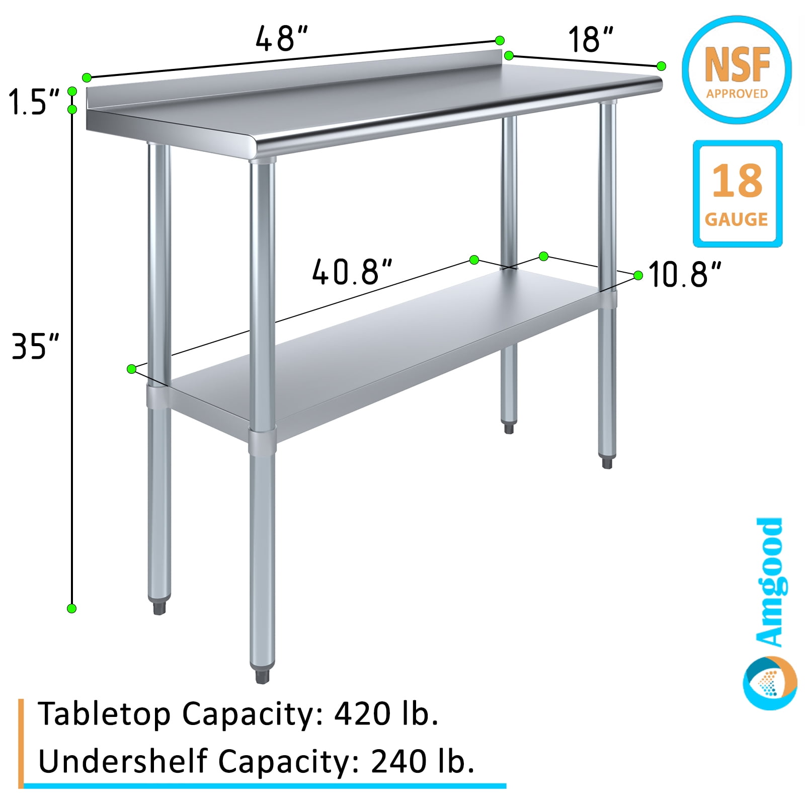 AmGood 18" X 48" Stainless Steel Work Table with 1.5" Backsplash | Metal Kitchen Food Prep Table | NSF