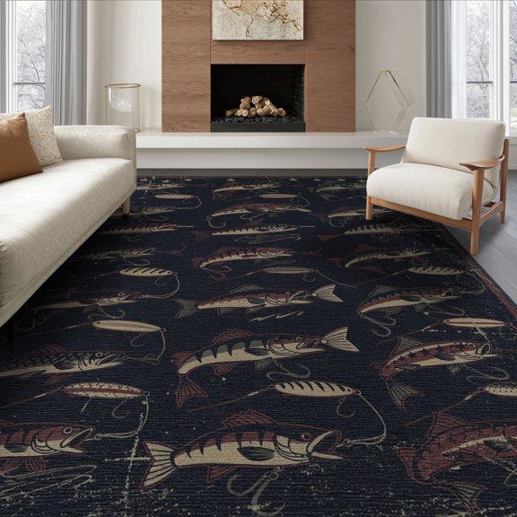 ODIKA 8'x10' Washable Area Rug Fishing Lure Motif With Patriotic Bass And Distressed Frame Vintage Flowing for Living Room, Under Sectional, Family , Durable, Non-Slip