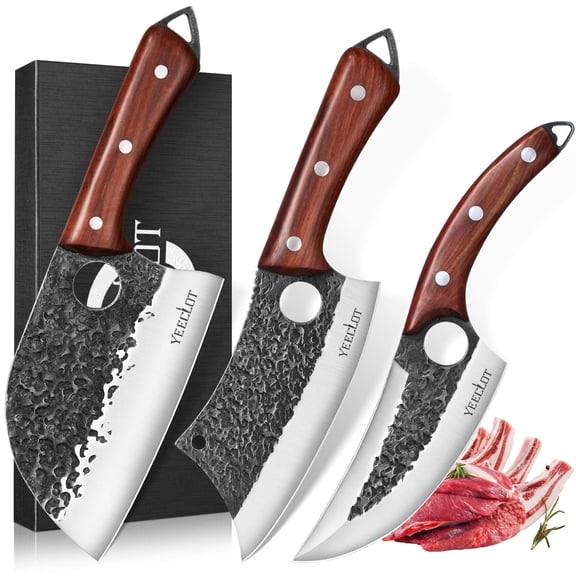 Yeeclot Butcher Knife Set, 3PCS Hand Forged Serbian Chef Knife & Meat Cleaver & Viking Knife for Meat Cutting, with Ergonomic Handles for Kitchen Outdoor Cooking, Camping BBQ, Ideal Gift for Men