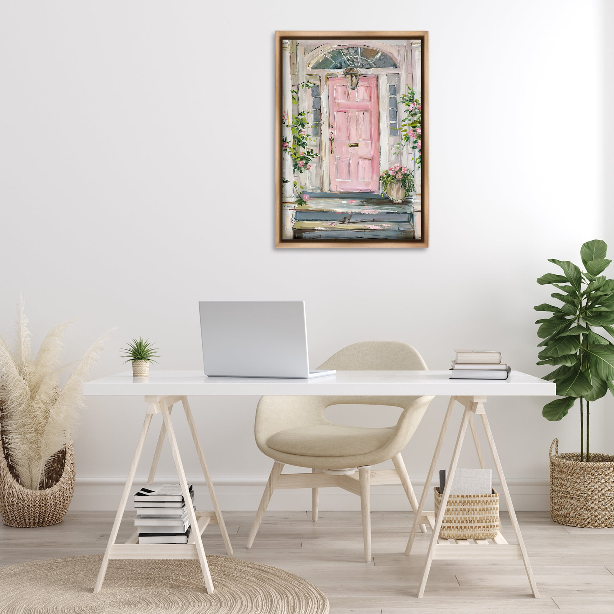 Stupell Industries Pink Door Welcome Town & City Painting Brown Floater Framed Art Print Wall Art, 21 x 31