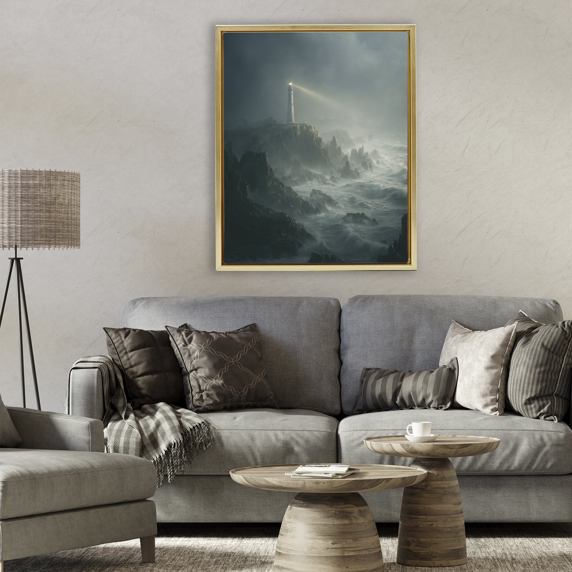 Lighthouse and Stormy Cliff Gold Framed Floater Canvas Wall Art, design by Ziwei Li