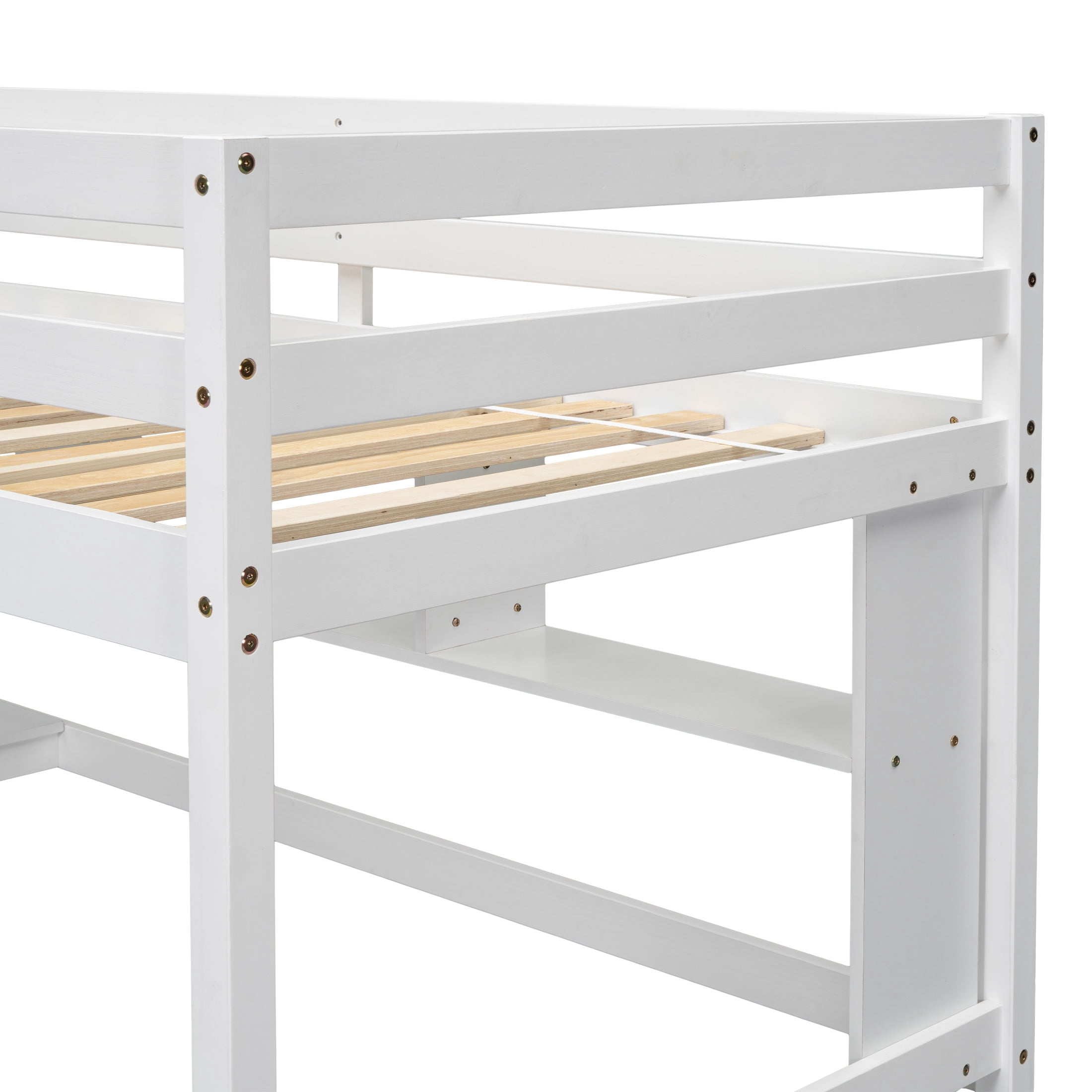 Noble House Sparkling Twin Loft Bed with Built-In Desk and Shelves, Pine Wood Frame with Ladder and Guardrails, White