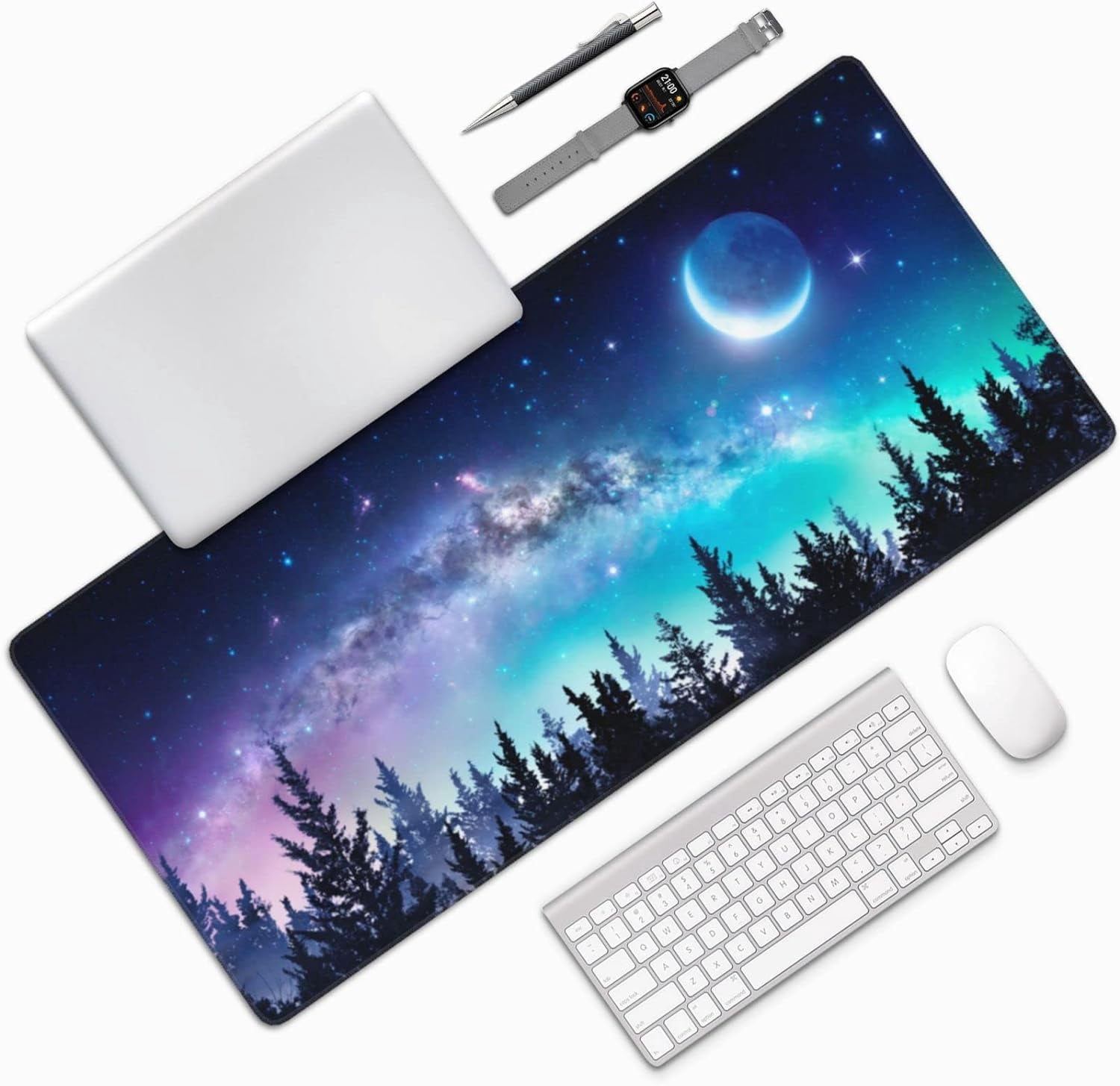 Gaming Mouse Pad,Large Mouse Pads for Desk,Non-Slip Rubber Base Extended Mousepad,XXL Keyboard Mouse Mat,Computer Keyboard Desk Pad with Stitched Edges,35.4x15.8inch,Clear Stary Night