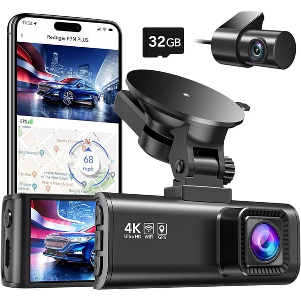 REDTIGER Dash Cam Delantero Trasero, Cámara de Tablero Full HD 4K/2.5K para Autos, Tarjeta SD de 32GB Gratis, GPS Wi-Fi Incorporado, Pantalla IPS de 3.18", Visión Nocturna, Gran Angular de 170°, WDR,