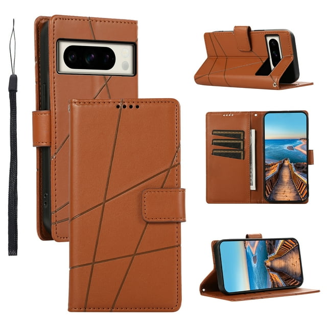 Google Pixel 8 Pro 5G Case ,Vintage PU Leather Flip Cover Card Slots Magnetic Kickstand Hand Strap Case for Google Pixel 8 Pro 5G
