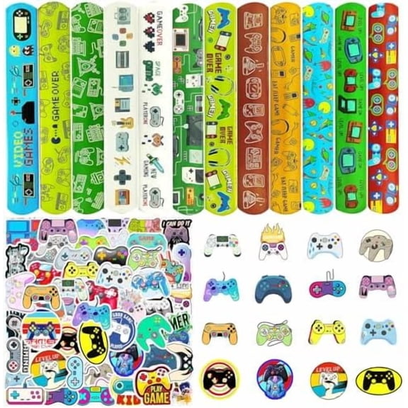 74PCS Video Game Party Favor 50PCS Video Party Stickers&24PCS Slap Bracelets Game Supplies Team Gift Filler
