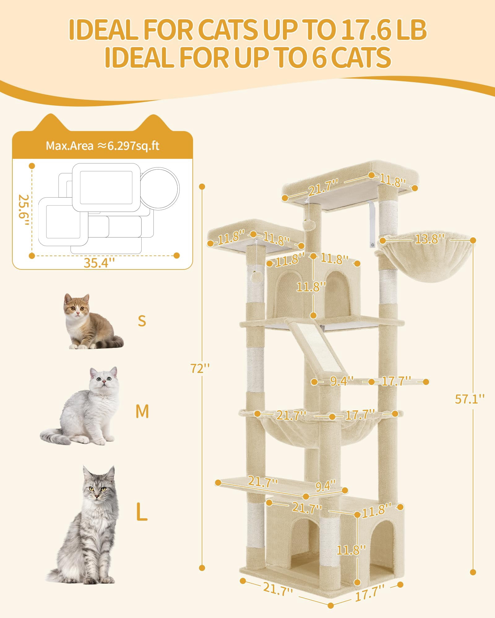 Cat Tree, 72 Inch Tall Beige Indoor Tower for Multiple Cats with Climbing, Condo, Scratching Posts