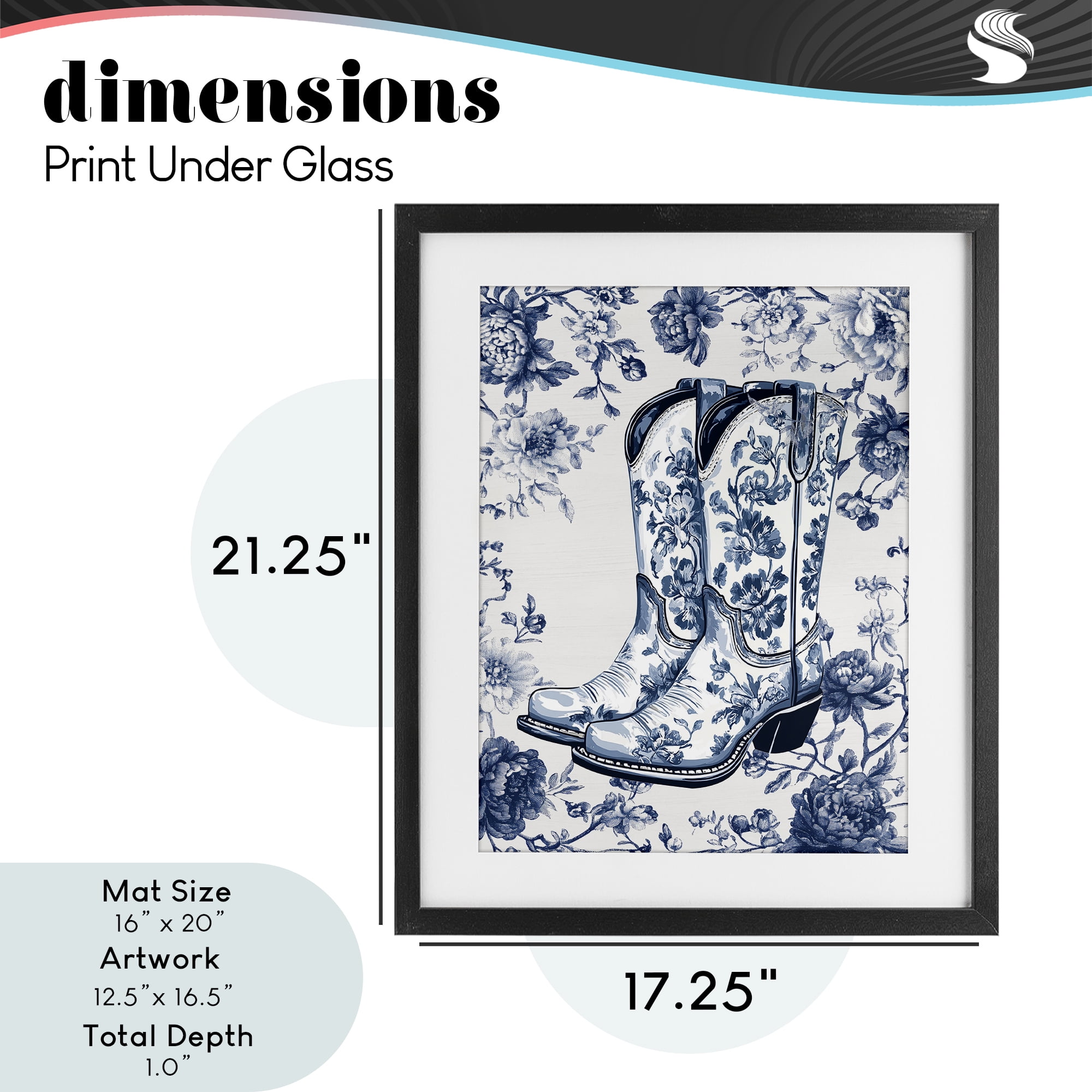 Blue Spring Florals & Boots Black Framed Print Under Glass, design by Lettered and Lined