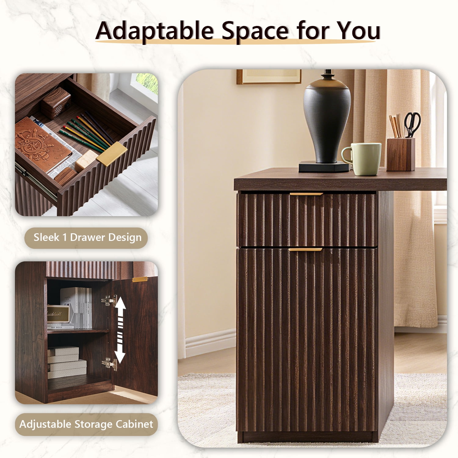 IFMust 60" Home Office Desk with Storage Drawer & Cabinet, Modern Executive Desk with Charging Station, Fluted Computer Desk for Study, Living Room, Dark Walnut