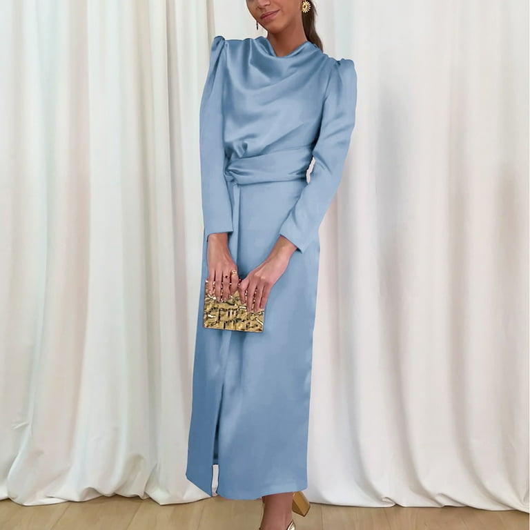RYKJLWY Boho Dresses for Women 2024 Women's High End Satin Dress With  Elegant Temperament Bridesmaid Attire Autumn And Winter Split Ends Pastel  Dress for Women (Light Blue,L)