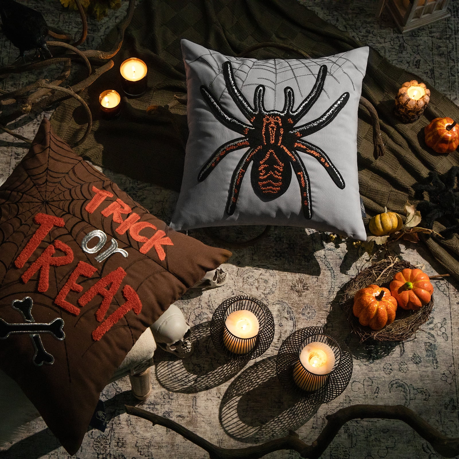 Phantoscope Halloween Holiday Collection Embroidery Decorative Throw Pillow Cover, 18 inch x 18 inch, Orange Embroidery Spider, 4 Pack, Size: Covers