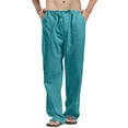 thumbnail image 2 of Men's Cotton Linen Pants Elastic Waist Drawstring Casual Trouser Lightweight Straight-Legs Loose Beach Yoga Pants Cyan XL, 2 of 5