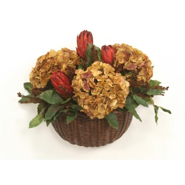 Distinctive Designs International Silk Burgundy Brown Hydrangeas And Foliage Mix In Wicker Wall Basket