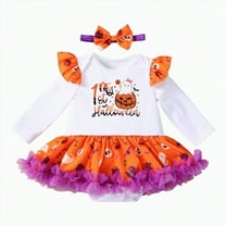 HCNTES My 1st Halloween Baby Girl Outfits Letter Pumpkin Print Romper Suspender Skirts Headband Socks(Beige#1,1-3 Months)