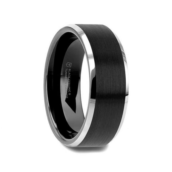 ARDEN Beveled Edged Tungsten Ring with Brushed Finish Black Ceramic Center - 6mm or 8mm