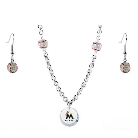 Miami Marlins Crystals from Swarovski Baseball Necklace & Earrings