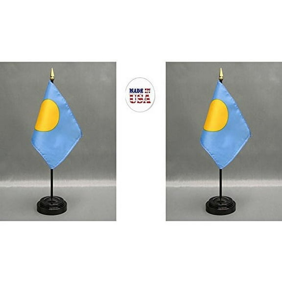 Made in The USA. 2 Palau Rayon 4"x6" Miniature Office Desk & Little Hand Waving Table Flags Includes 2 Flag Stands & 2 Small Mini Palauan Stick Flags