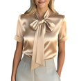 thumbnail image 2 of WHEANG Women's Solid Satin Collared Blouse, Loose Fit Roll Cuff Short Sleeve Casual Dressy Tops, Elegant Work Shirts for Daily Office Summer Wear Comfort Satin Top Outfits Size M Brown, 2 of 4