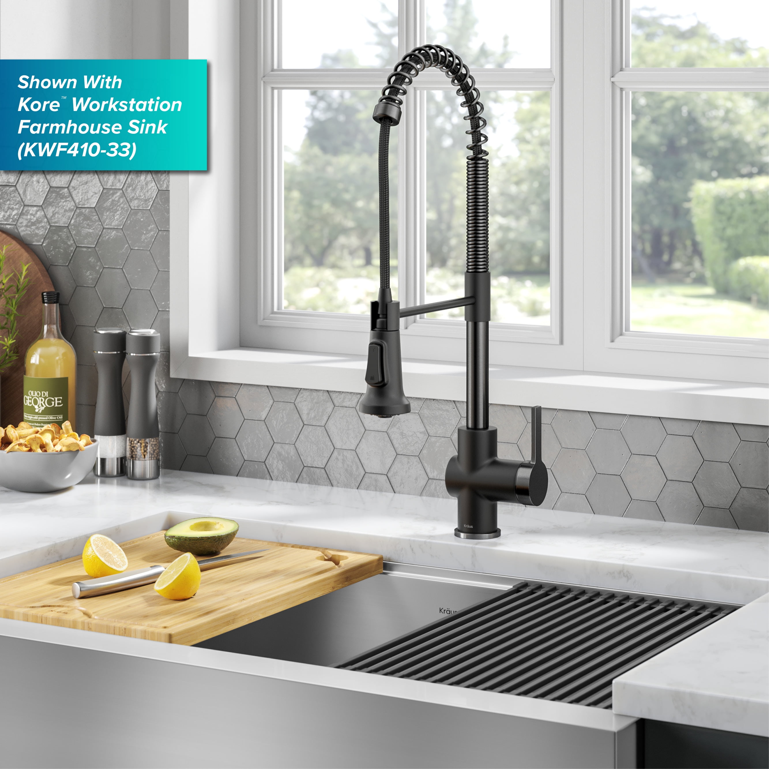 KRAUS Britt Commercial Style Pull-Down Single Handle Kitchen Faucet in Matte Black/Spot-Free Black Stainless Steel