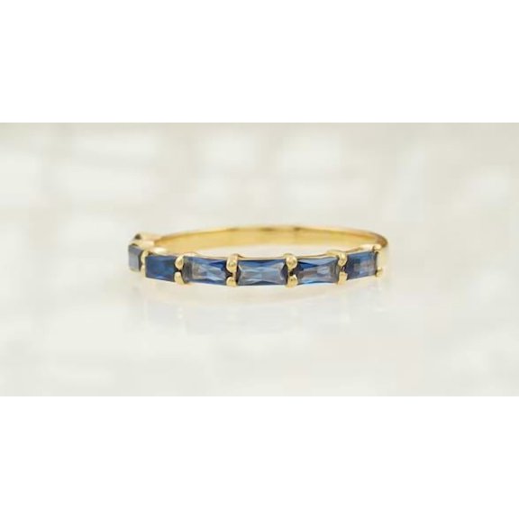 Glittering Baguette Cut Stacking Moissanite Sapphire Ring Solid Gold Half Eternity Blue Gems Band Wedding Promise Gift