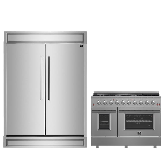 FORNO Premium 2-Piece Kitchen Bundle - Galiano 48" Stainless Steel Gas Range, Maderno 2-28 " Wide Units with Decorative Trim