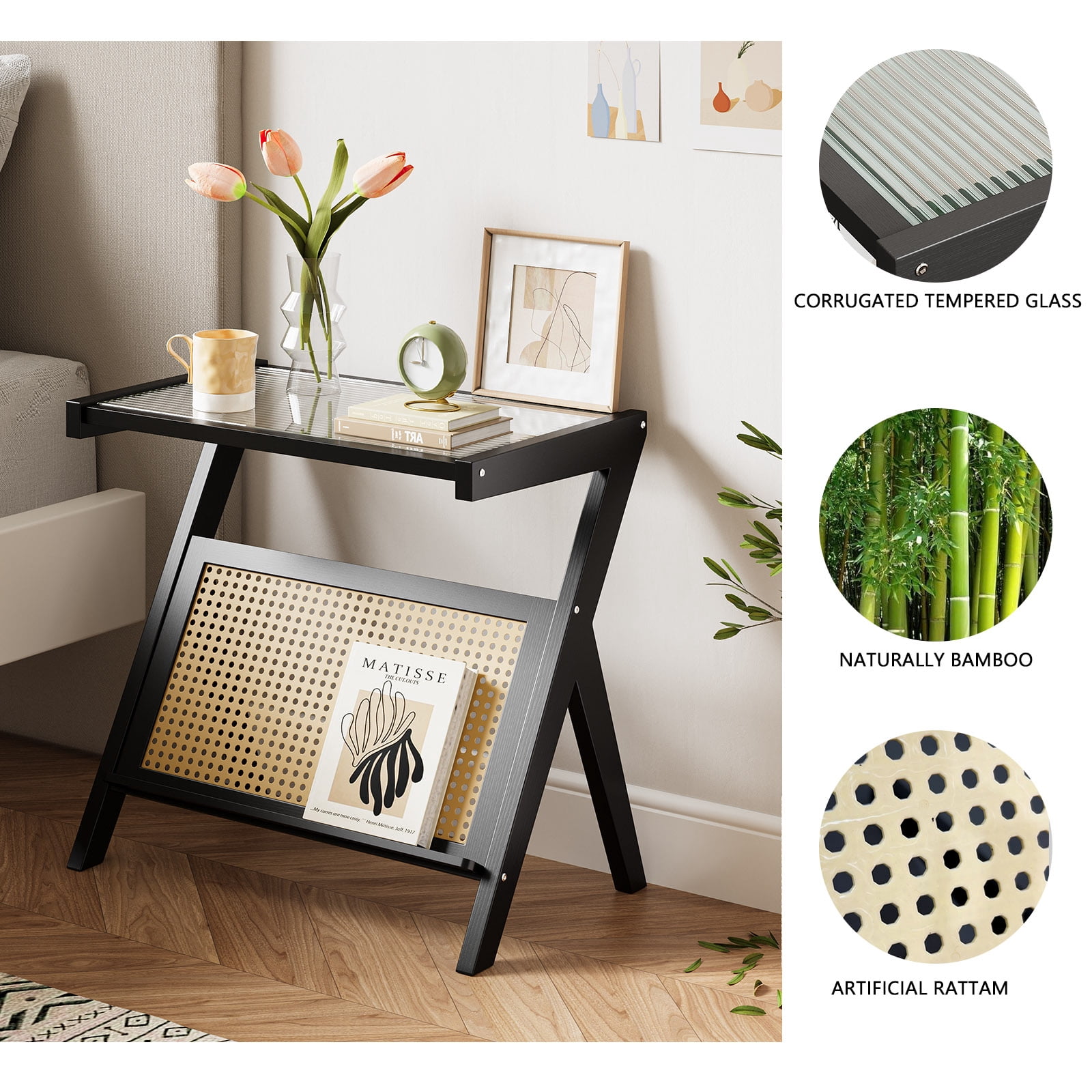Furnibear C Shaped Side Table Sofa End Table Slide Under Couch Snack Table with Sturdy Metal Frame for Living Room and Bedroom, Black
