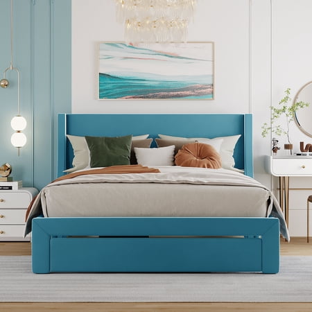 Queen Velvet Upholstered Platform Bed with Storage Drawer  Pine Wood Slat Bed Frame With Headboard Footboard  No Box Spring Needed
