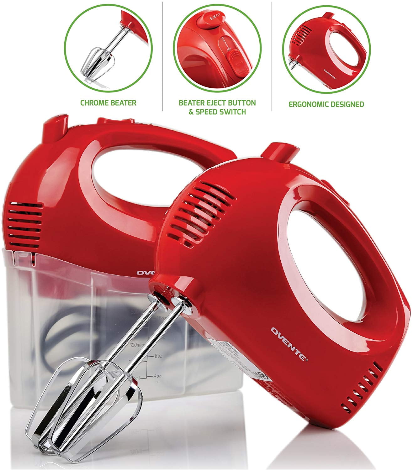 Ovente Electric Hand Mixer, 5 Mixing Speeds, 150W, 2 Stainless Steel Chrome Beaters & SnapOn
