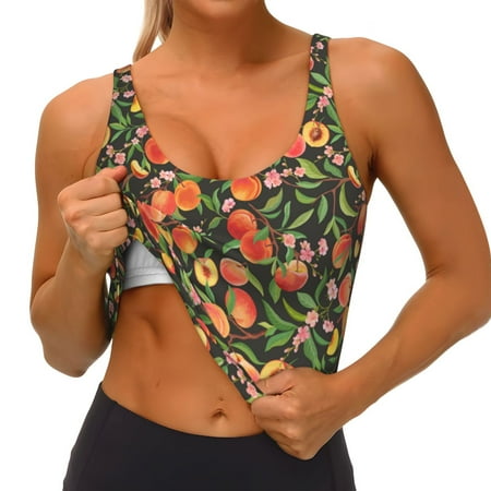 Qokaie Fruits Peach Pattern Womens Scoop Neck Sports Bra Breathable Workout Vest Padded U Back Medium Impact Fitness Gym Yoga Bra Workout Crop Top