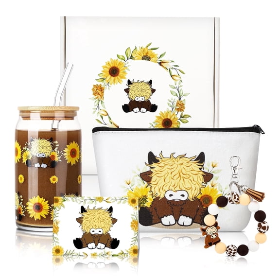 Armscye 4-Piece Highland Cow Sunflower Gift Set, 16oz Glass Cup, Cosmetic Bag, Keychain & Greeting Card, Birthday Thinking of You Gift Basket for Sister Best Friend Mom Daughter