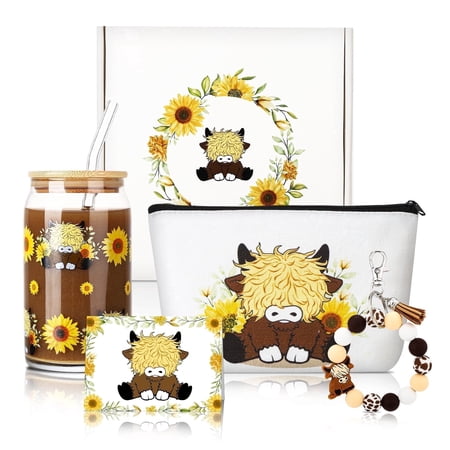 Armscye 4-Piece Highland Cow Sunflower Gift Set, 16oz Glass Cup, Cosmetic Bag, Keychain & Greeting Card, Birthday Thinking of You Gift Basket for Sister Best Friend Mom Daughter