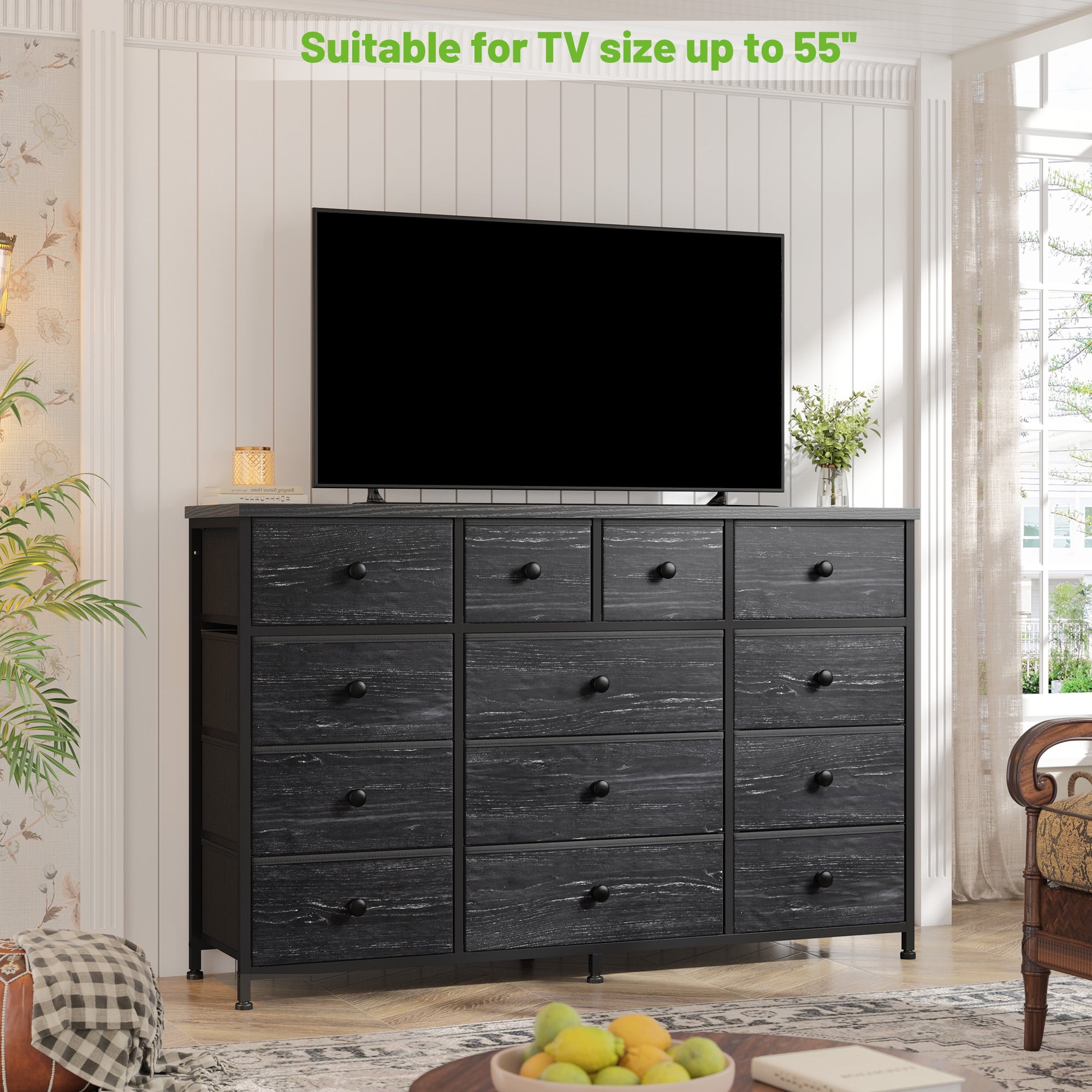 Black Dresser for Bedroom TV Stand with 13 Drawers for for 55" TV, Fabric Wide Dresser for Living Room