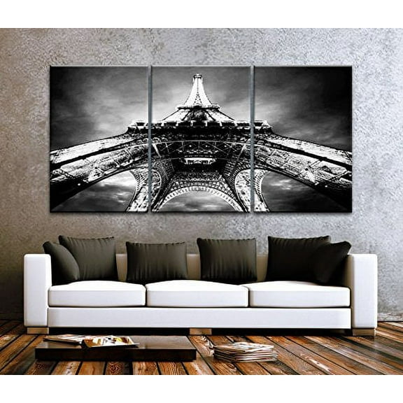 Large 30"x 60" 3 Panels 30"x20" Ea Art Canvas Print Beautiful Eiffel Tower Paris Black & White Night Wall Decor Interior (Included Framed 1.5" Depth)