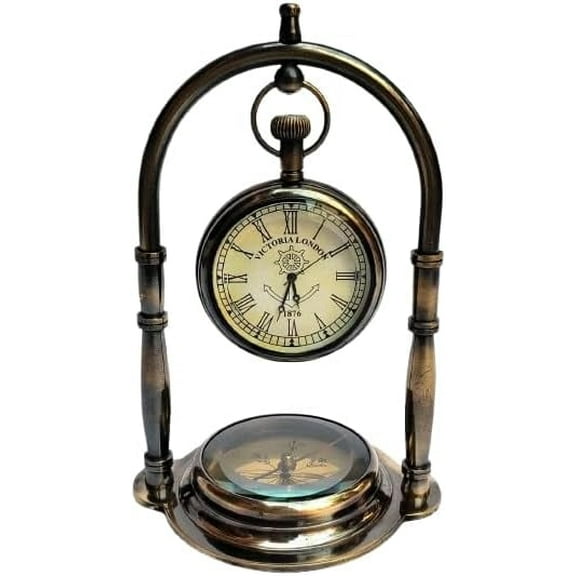 SRK International Victorian Style Nautical Desk Clock, Engraved Personalized Vintage with Compass