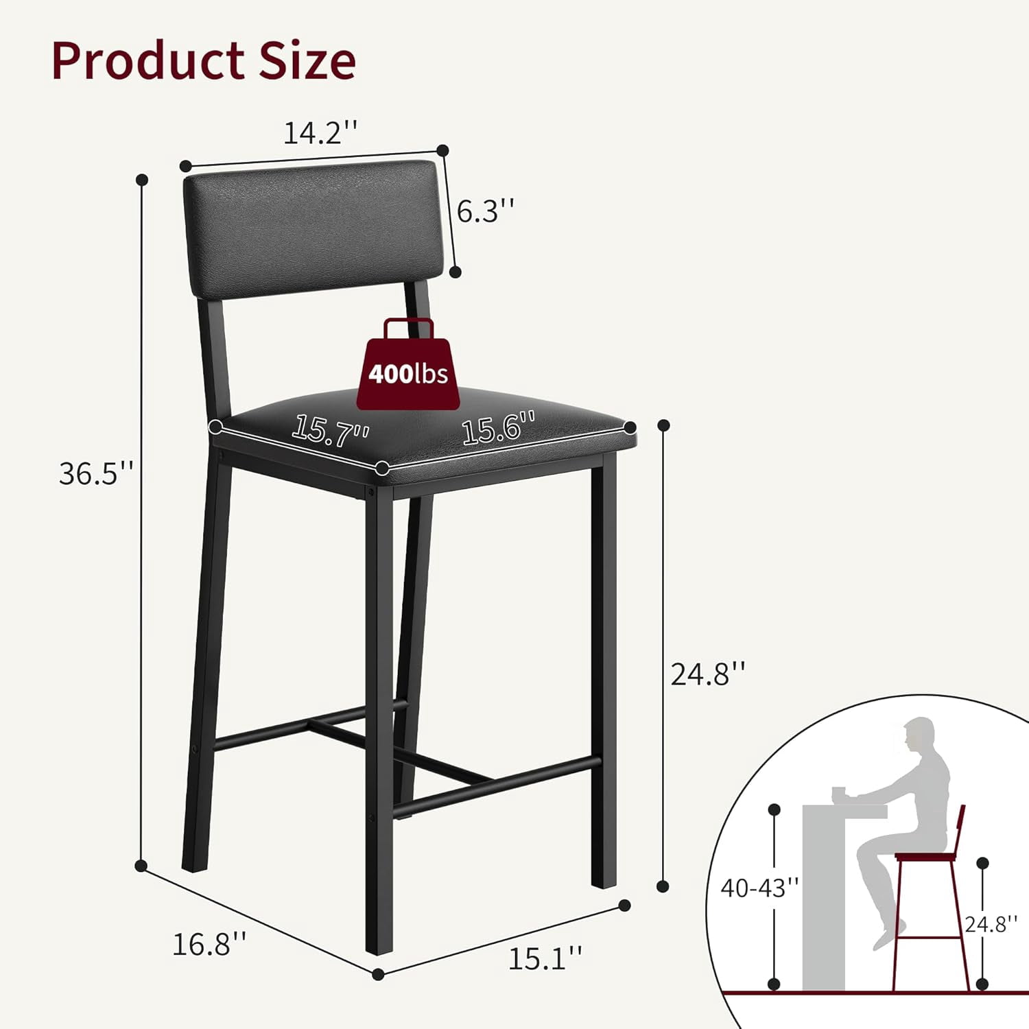 Bar Stools,25 Inch Counter Height Bar Stools Set of 4,Modern Faux Leather High Barstools with Footrest,Back and Metal Leg,Bar Chairs for Kitchen Island,Bar
