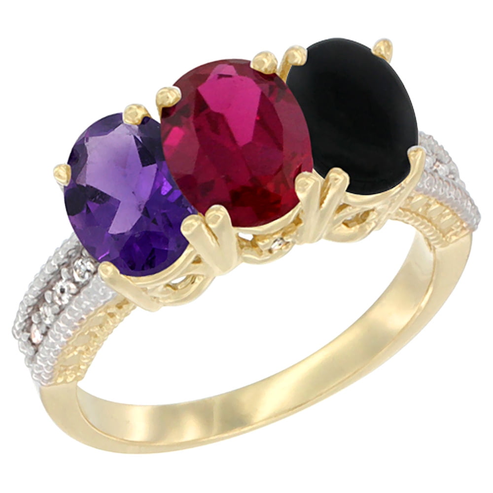 10K Yellow Gold Diamond Natural Amethyst, Enhanced Ruby & Natural Black Onyx Ring Oval 3-Stone 7x5 mm,sizes 5-10 by WorldJewels