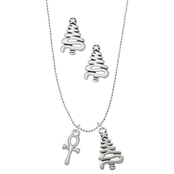 Delight Jewelry Silvertone Small Ankh Silver tone Zig Zag Christmas Tree Charm Necklace and Stud Earrings