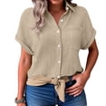 thumbnail image 3 of Inglocry Cotton Linen Gauze Shirts for Women Loose Fit Button Down Blouses Casual Summer Textured Collared Crinkle Seersucker Tops Beige 2XL, 3 of 6