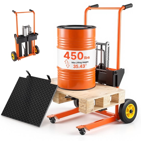 VEVOR Hydraulic Material Lift Winch Stacker, 450 lbs Load Capacity, Pallet Truck Dolly with Fork Lift Table, 35.4 Inches Max Lifting Height, Foldable & Portable Pallet Jack Table Cart, Orange & Black