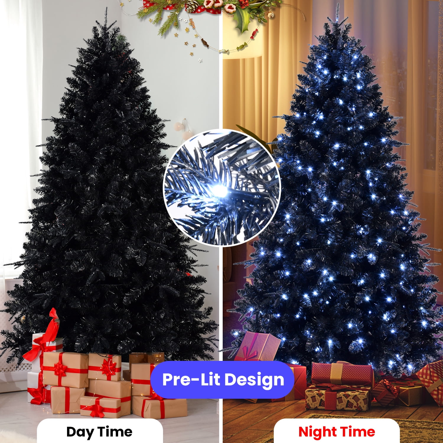 Euroco 8ft Black Christmas Tree with 600 White LED Lights, 2486 Tips PE+PVC Artificial Tree for Halloween & Holiday Decor, Hinged Structure with Stable Metal Stand