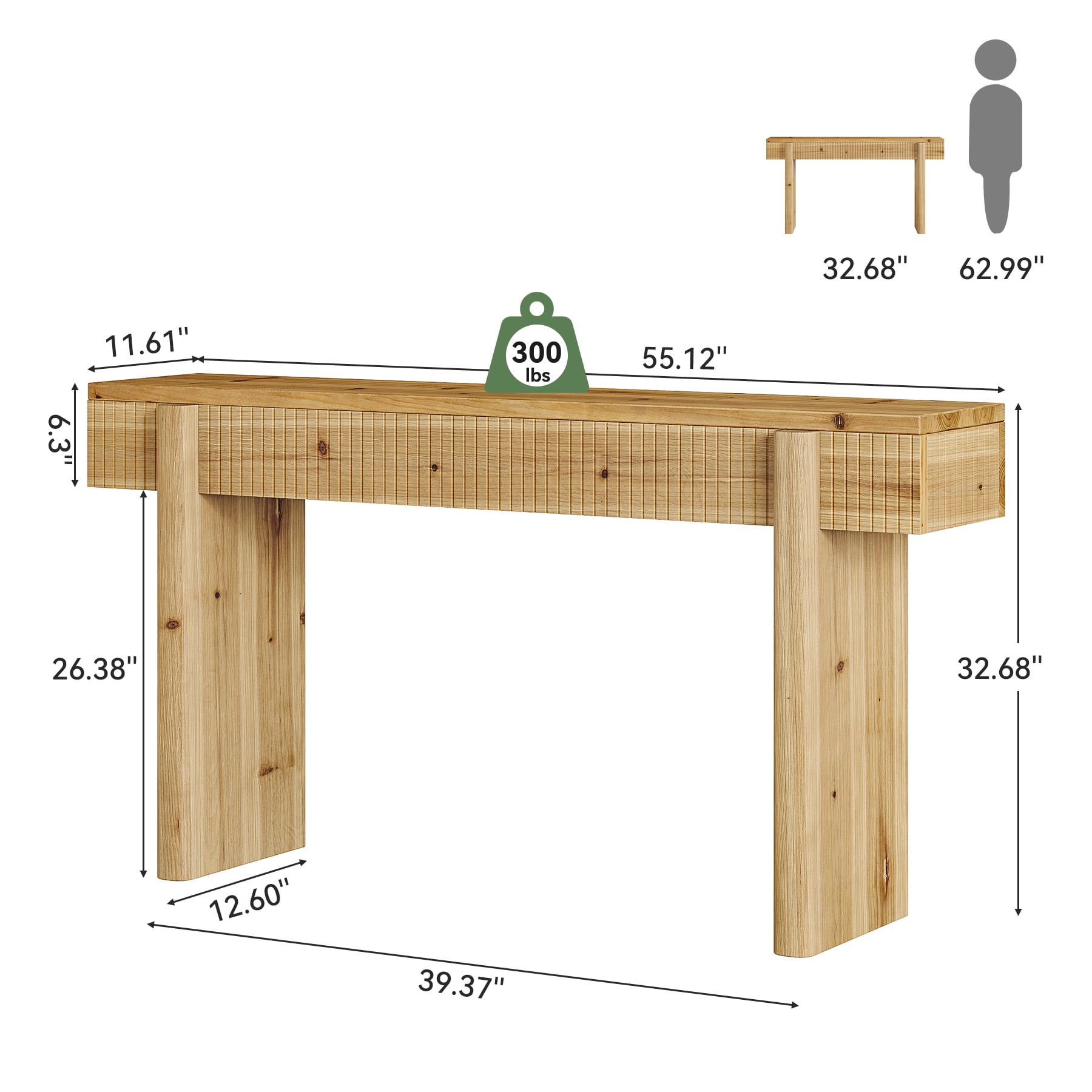 Finmind 55-inch Solid Wood Console Table, Farmhouse Entryway Table, Rectangular Sofa Console with Fluted Top, for Living Room, Hallway, Natural Brown