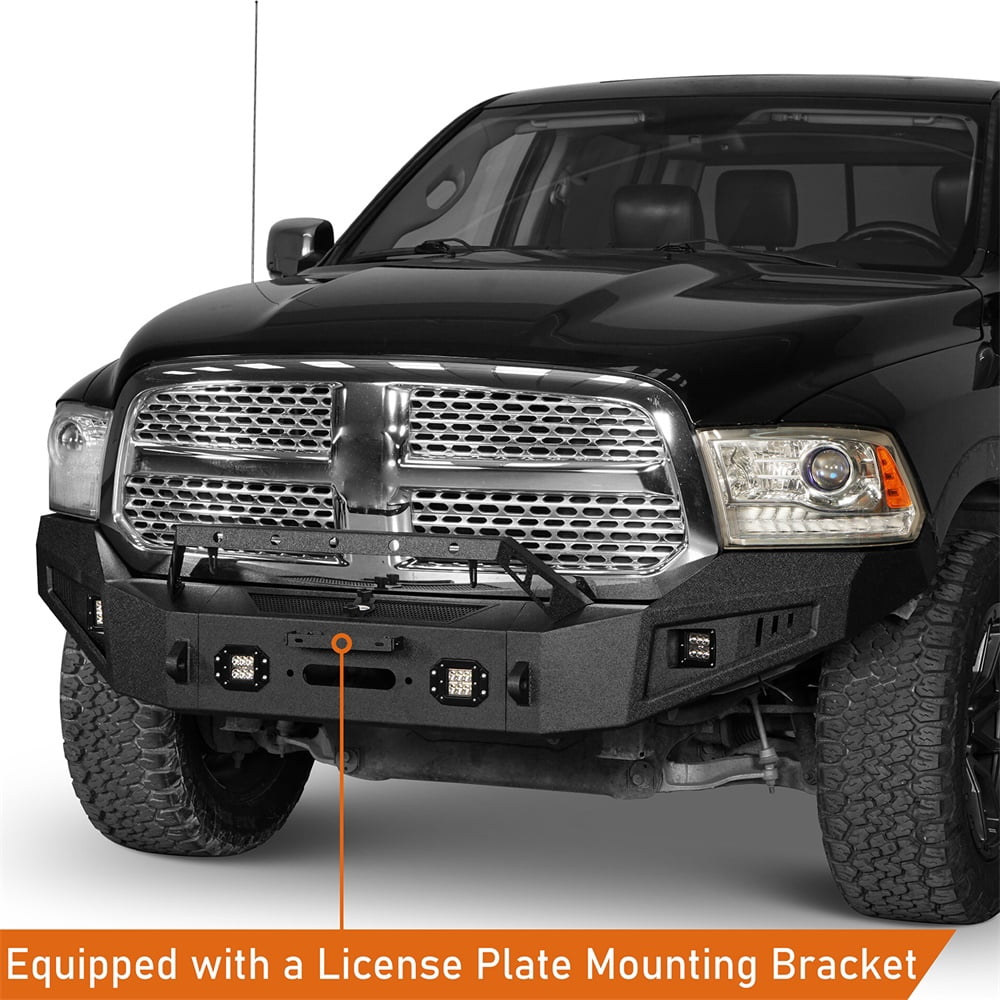 Hooke Road Full Width Front Bumper Fit 2013-2018 Dodge Ram 1500 with Winch Plate & 4x 18W LED Lights