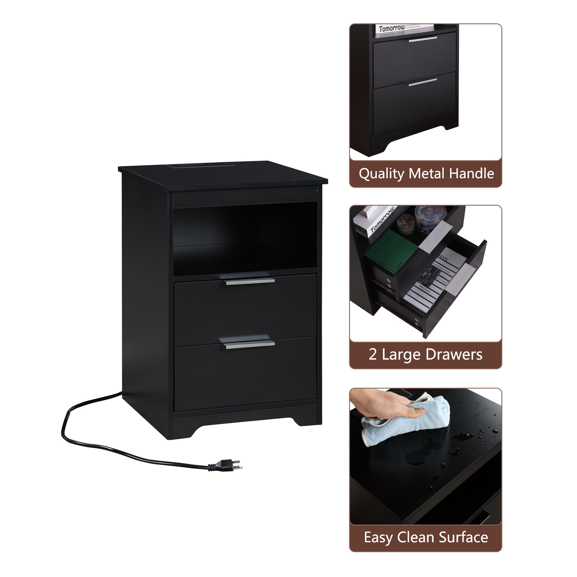 2 Drawer Small Nightstand with Charging Station,Wooden End Table with Drawer and Opening Shelf,Side Table for Bedroom Living Room Dorm Office,Black