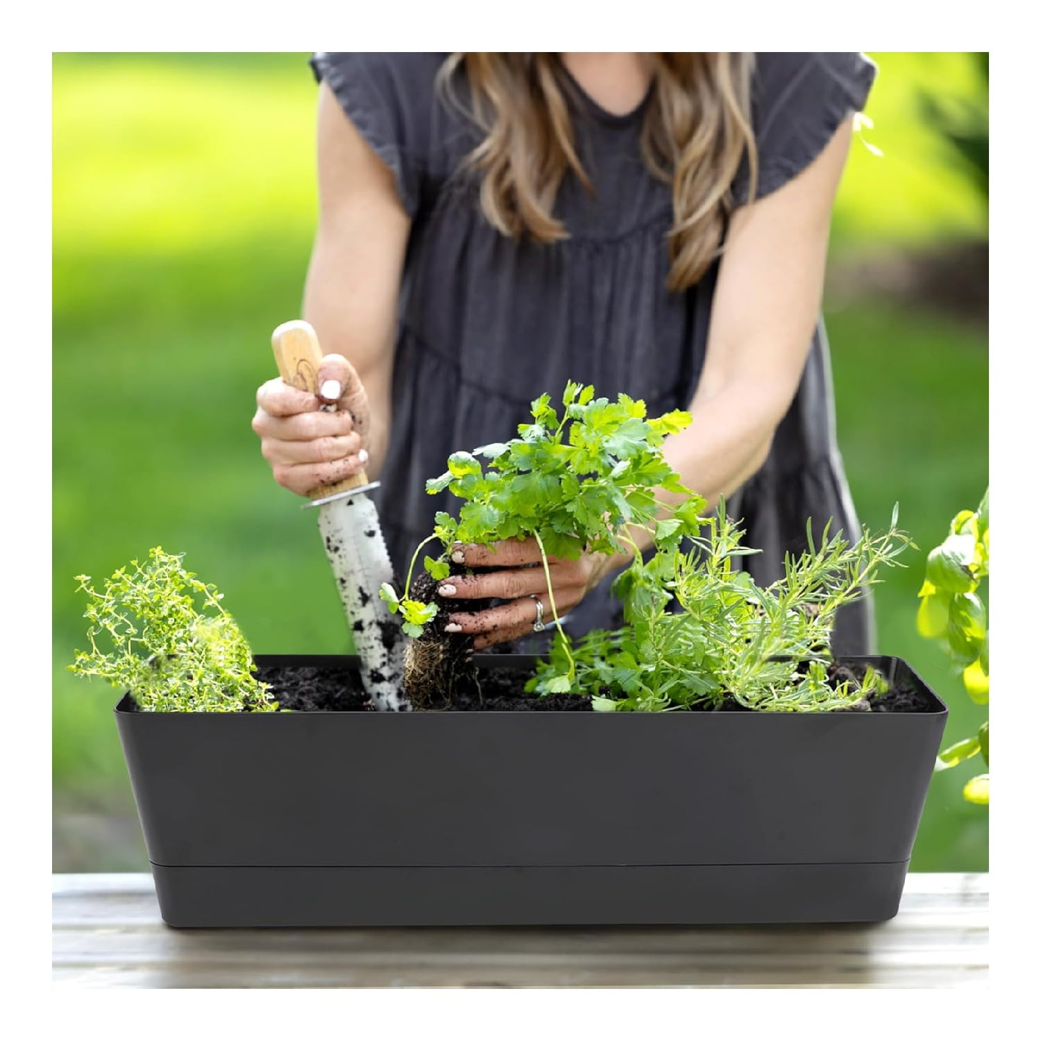 Herb Rectangle Planter,1Pc Self Watering Planter Pot for Deck,Window Boxes with Drainage Holes for Garden,Window,Office Decor,Black