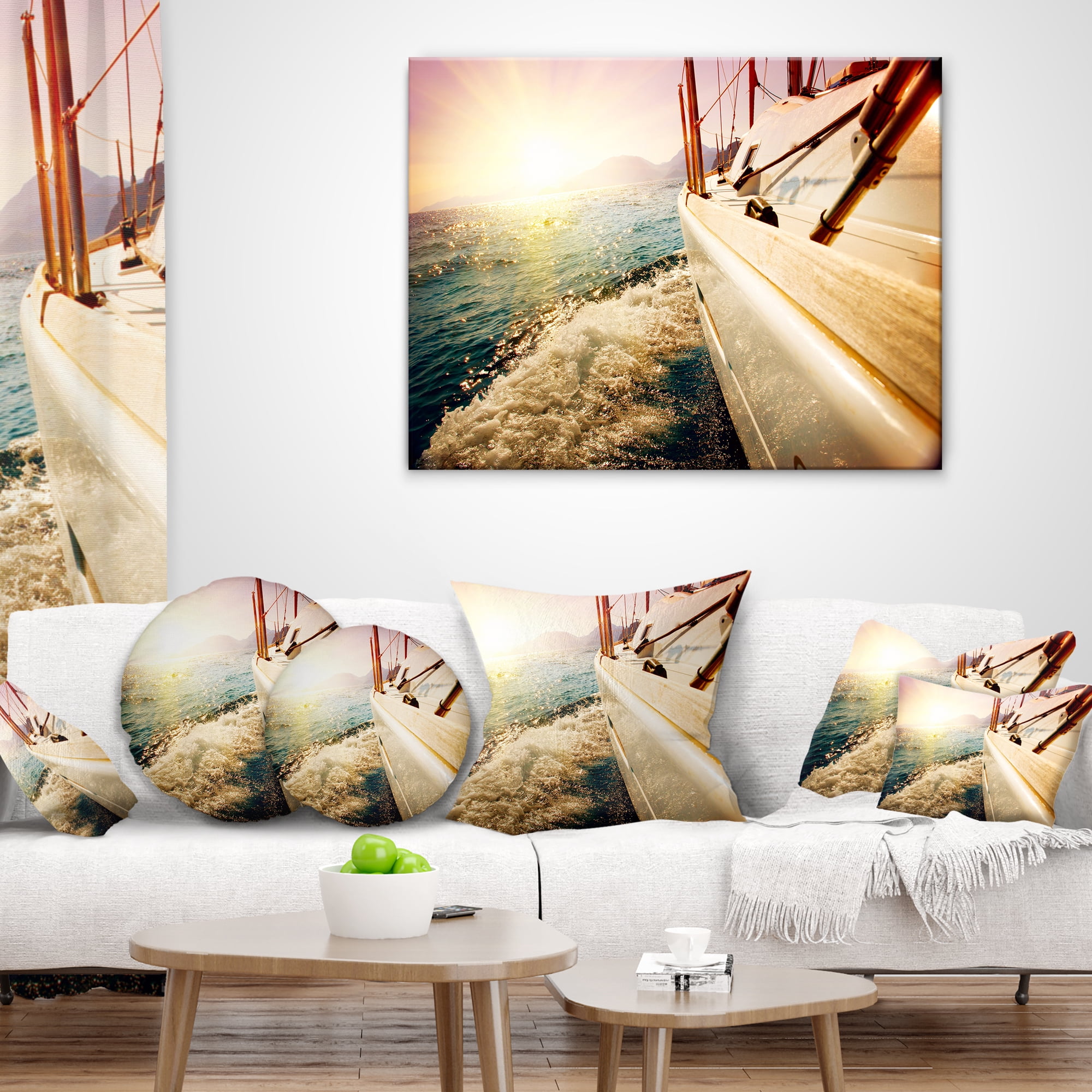 Designart Huge Yacht Sailing Against Sunset - Pier Throw Pillow - 12x20