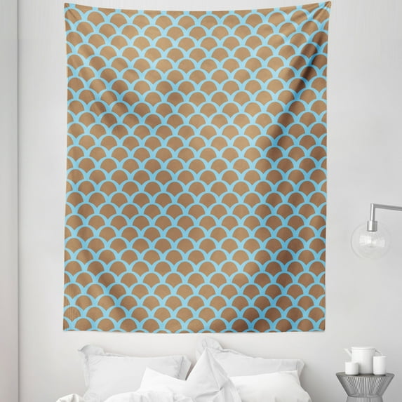 Fish Tapestry, Squama Pattern with Intertwined Half Circles Aquatic Animal and Snake Scale Design, Fabric Wall Hanging Decor for Bedroom Living Room Dorm, 5 Sizes, Tan Pale Blue, by Ambesonne