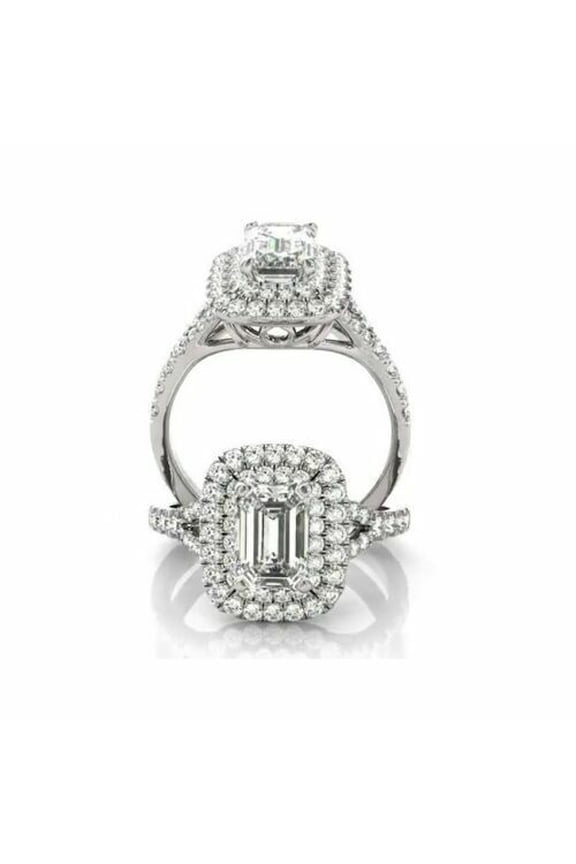 Split Shank Women's Engagement Ring, Elegant Double Halo Diamond Anniversary Ring, 2 Ct Simulated Emerald Cut Diamond Wedding Ring, 14K White Gold Plated, Pave Set Ring For Her Bithday Gift