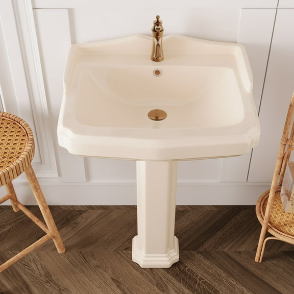 23 in. W x 19 in. D Rectangular Vitreous China Pedestal Combo Bathroom Sink in Bone with Overflow and 1-Faucet Hole