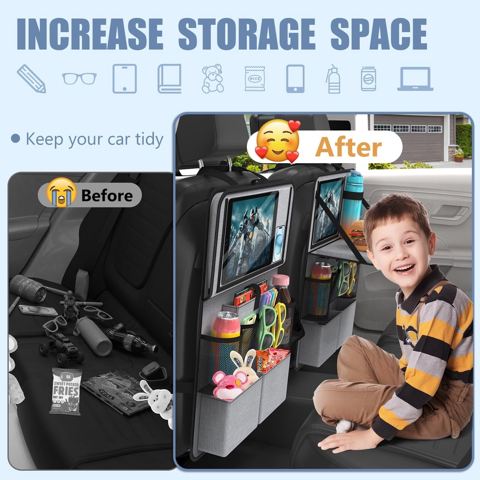 GUANGHUI Car Backseat Organizer with Tablet Holder,11 Storage Pockets with Foldable Food Tray, Protector Kick Mats for Kids, Travel Accessories Organizer (Gray, 1Pack)
