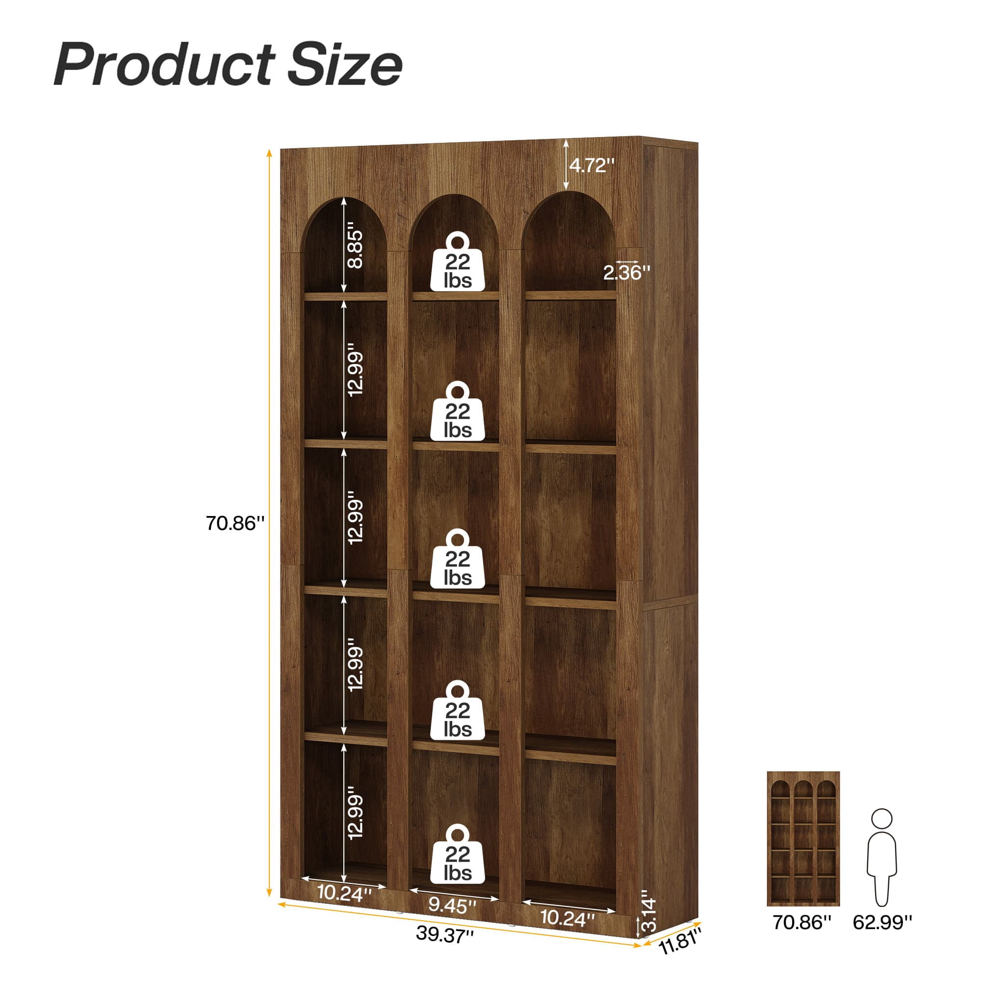 MAYEERTY Farmhouse Arched 5-Tier Tall Bookcase, 70.8" Wide Curved Top Open Display Storage Rack